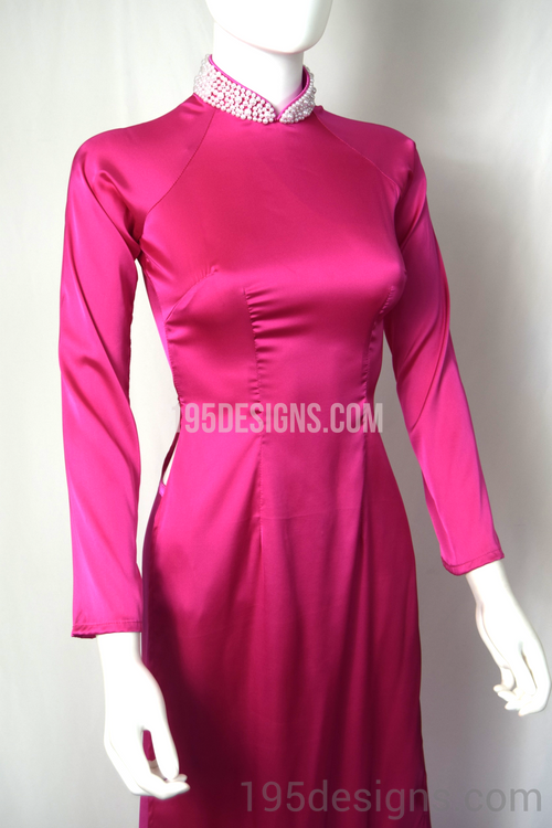 ÁO DÀI Hồng Kết Hột Trai | Hot Pink Ao DAI Peal Neck