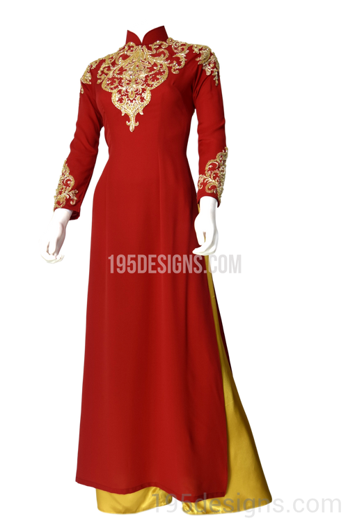 Red Ao Dai Red Crystal Gold Flower Wedding- Ao Dai Kết Đá Pha Lê Cô Dâu
