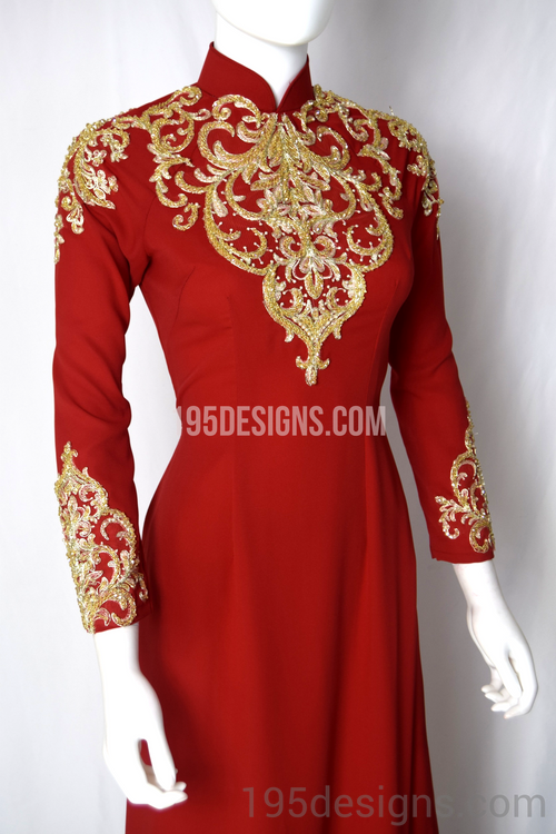 Red Ao Dai Red Crystal Gold Flower Wedding- Ao Dai Kết Đá Pha Lê Cô Dâu