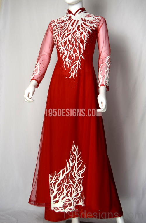 Red Ao Dai White Flower Wedding- Ao Dai Kết Đá Pha Lê Tay Von Cô Dâu