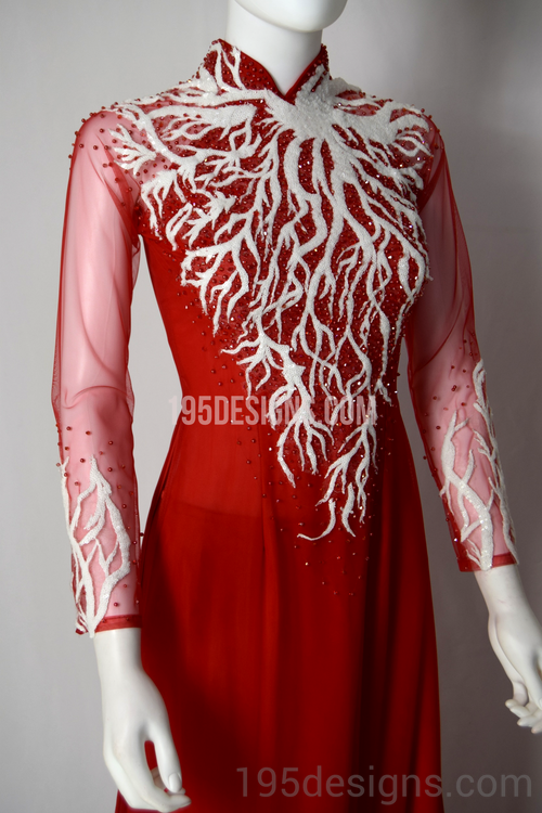Red Ao Dai White Flower Wedding- Ao Dai Kết Đá Pha Lê Tay Von Cô Dâu