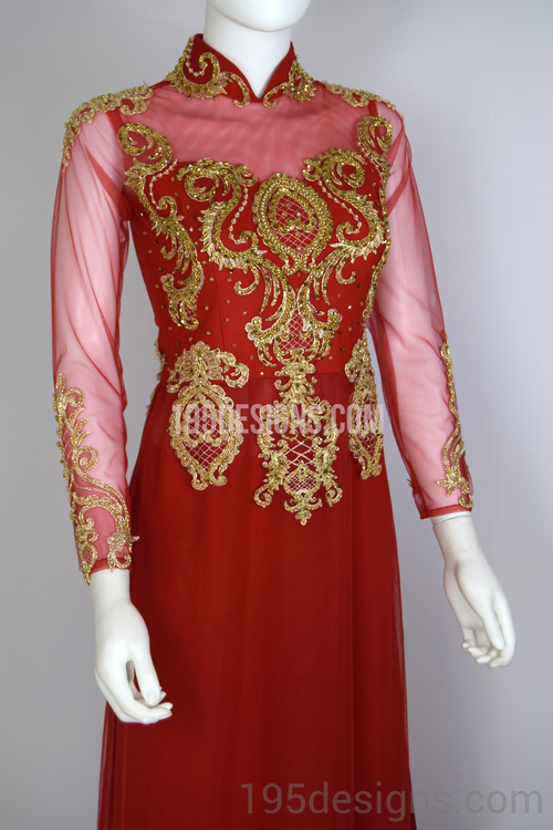 Red Ao Dai Red Crystal Gold Flower Wedding- Ao Dai Kết Đá Pha Lê Cô Dâu
