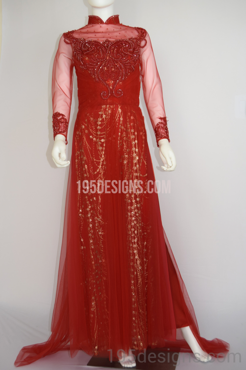 Red Ao Dai Red Crystal Gold Flower Wedding- Ao Dai Kết Đá Pha Lê Cô Dâu