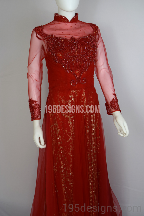 Red Ao Dai Red Crystal Gold Flower Wedding- Ao Dai Kết Đá Pha Lê Cô Dâu