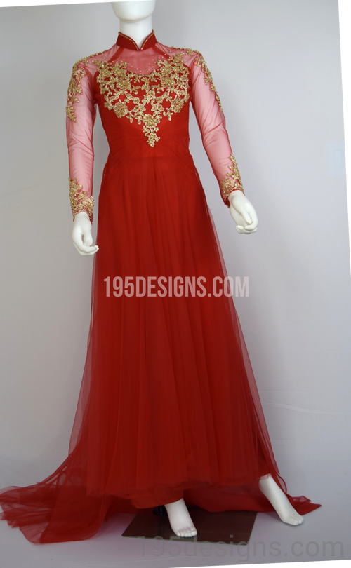 Red Ao Dai Red Crystal Gold Flower Wedding- Ao Dai Kết Đá Pha Lê Cô Dâu