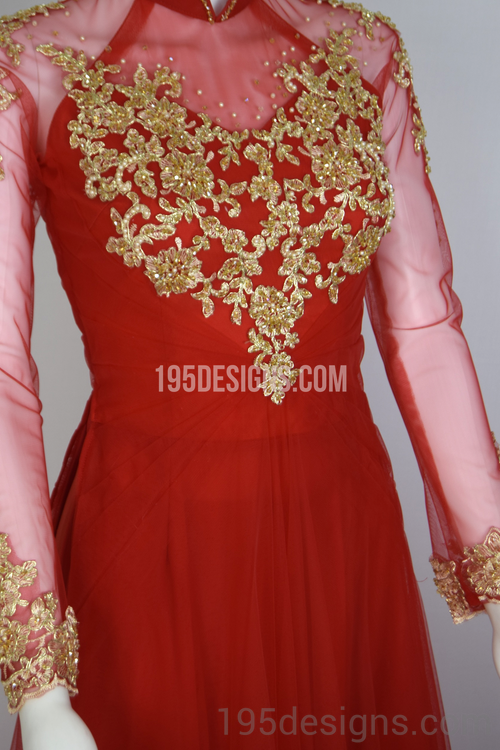 Red Ao Dai Red Crystal Gold Flower Wedding- Ao Dai Kết Đá Pha Lê Cô Dâu