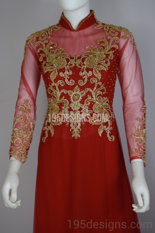 Red Ao Dai Red Crystal Gold Flower Wedding- Ao Dai Kết Đá Pha Lê Cô Dâu