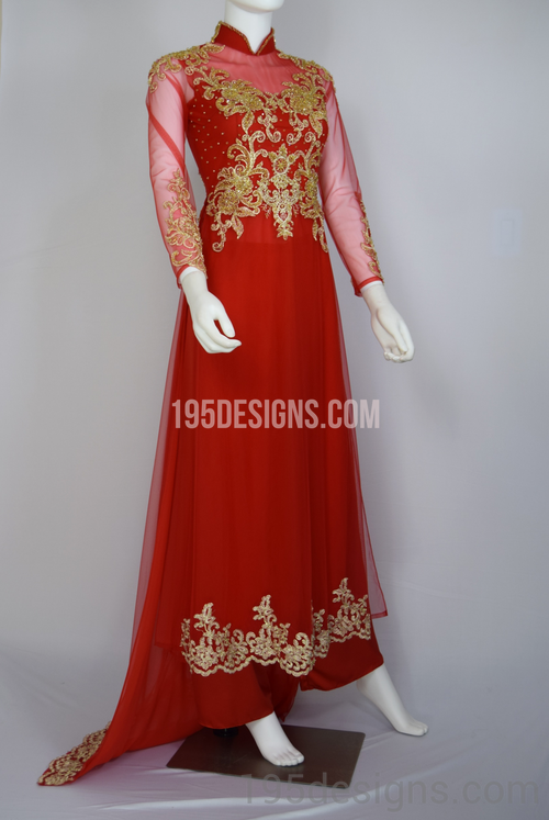 Red Ao Dai Red Crystal Gold Flower Wedding- Ao Dai Kết Đá Pha Lê Cô Dâu