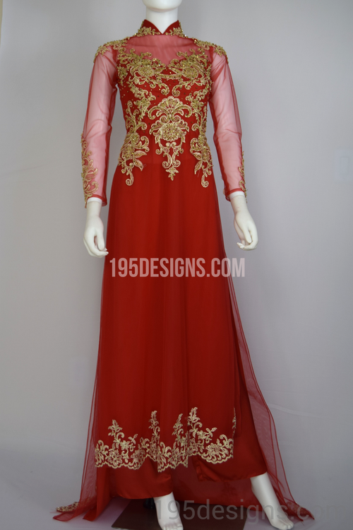 Red Ao Dai Red Crystal Gold Flower Wedding- Ao Dai Kết Đá Pha Lê Cô Dâu