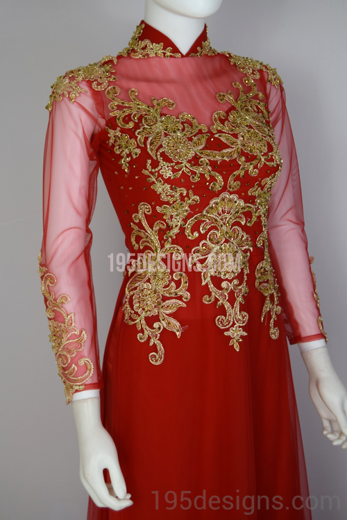 Red Ao Dai Red Crystal Gold Flower Wedding- Ao Dai Kết Đá Pha Lê Cô Dâu