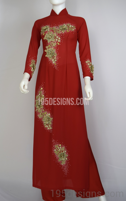 Red Ao Dai Red Crystal Gold Flower Wedding- Ao Dai Kết Đá Pha Lê