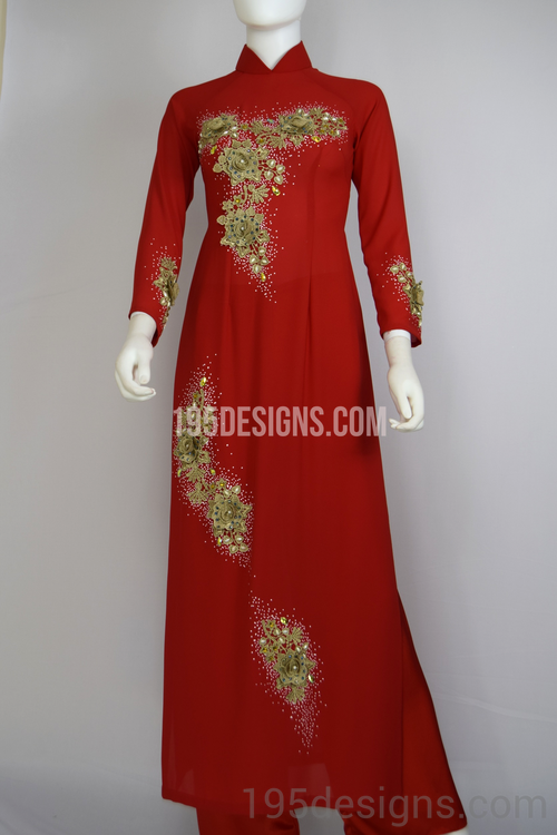 Red Ao Dai Red Crystal Gold Flower Wedding- Ao Dai Kết Đá Pha Lê