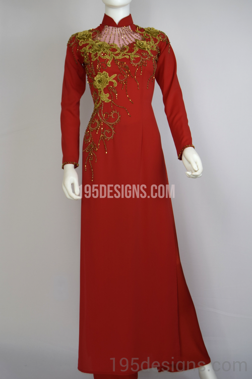 Red Ao Dai Red Crystal Gold Flower Wedding- Ao Dai Kết Đá Pha Lê