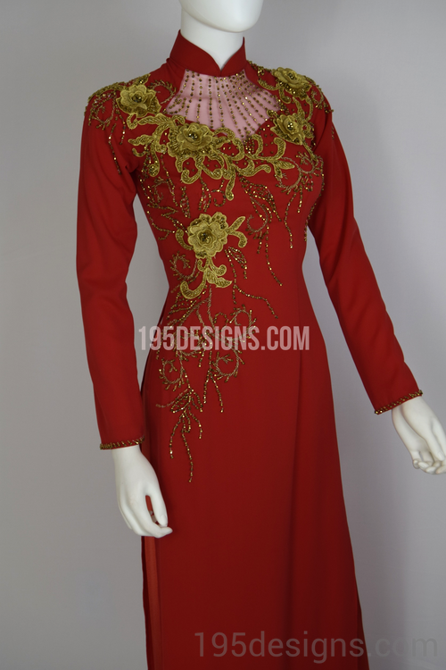 Red Ao Dai Red Crystal Gold Flower Wedding- Ao Dai Kết Đá Pha Lê