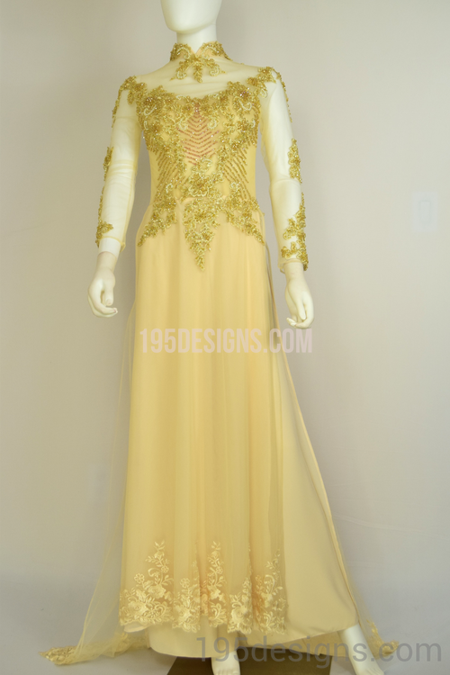 ÁO DÀI Cưới Kem Vàng cao cấp Tay Von Kết Đá Pha Lê| Champagne color AO DAI Crystal Wedding