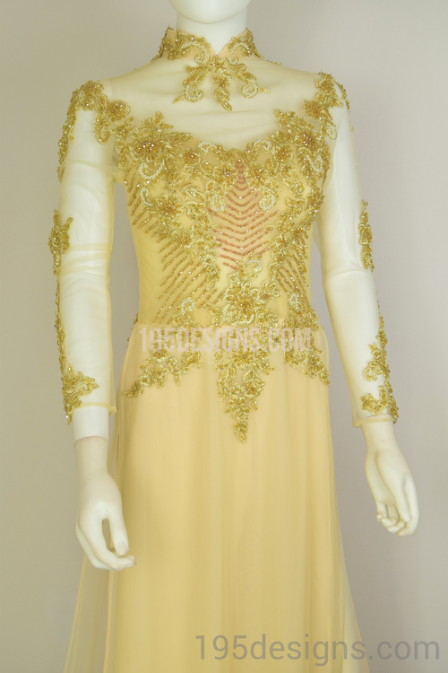 ÁO DÀI Cưới Kem Vàng cao cấp Tay Von Kết Đá Pha Lê| Champagne color AO DAI Crystal Wedding
