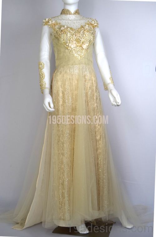ÁO DÀI Cưới Kem Vàng cao cấp Kết Đá Pha Lê| Champagne color AO DAI Crystal Wedding