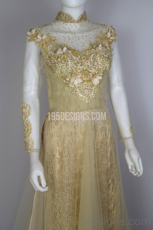 ÁO DÀI Cưới Kem Vàng cao cấp Kết Đá Pha Lê| Champagne color AO DAI Crystal Wedding