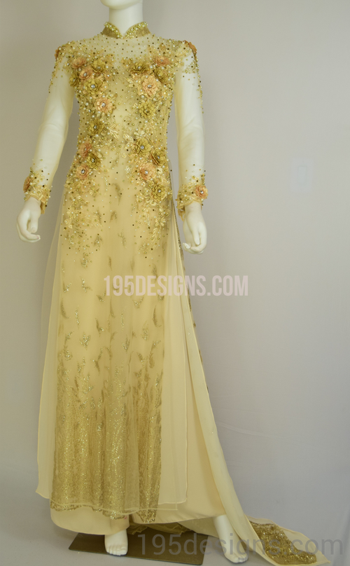 ÁO DÀI Cưới Kem Vàng cao cấp Kết Đá Pha Lê| Champagne color AO DAI Crystal Wedding