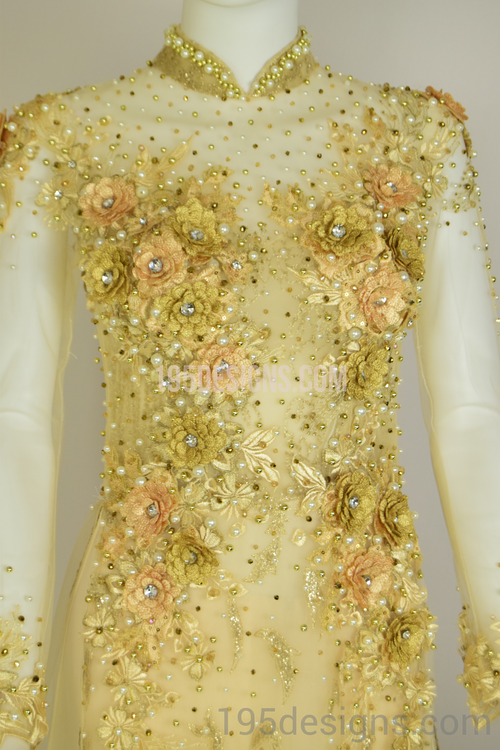 ÁO DÀI Cưới Kem Vàng cao cấp Kết Đá Pha Lê| Champagne color AO DAI Crystal Wedding