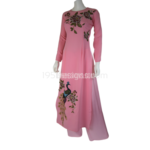 Pink Ao Dai Peacock  Con Công - Size 6