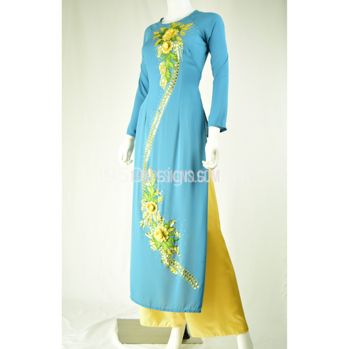 Sky Blue Ao Dai Yellow Flower with Crystal - Kết Cườm Hoa - Size 6