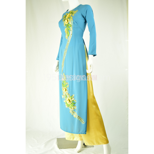 Sky Blue Ao Dai Yellow Flower with Crystal - Kết Cườm Hoa - Size 6