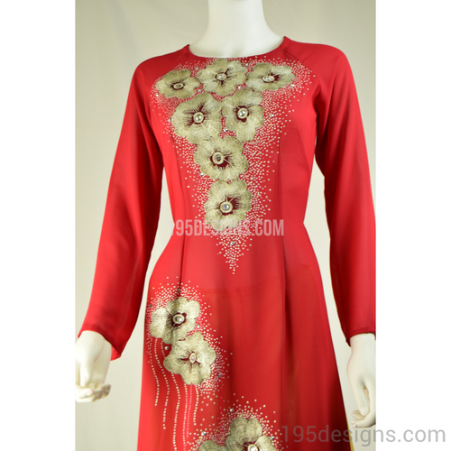 Red Ao Dai Silver Flower and Crystal - Size 8