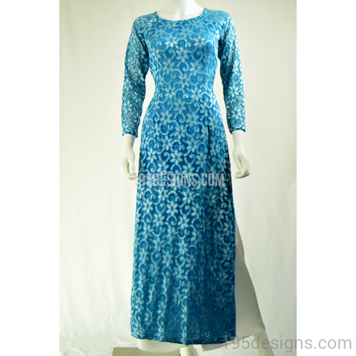 Blue Ao Dai Ren Vải Co Giản SIZE 8