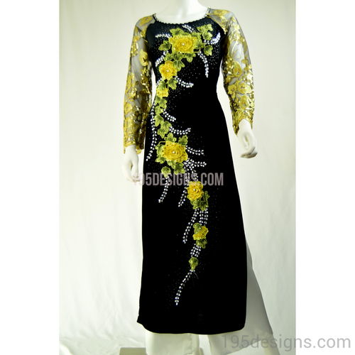 Black Ao Dai Yellow Flower Crystal - Nhung Kết Hoa Đá Pha Lê