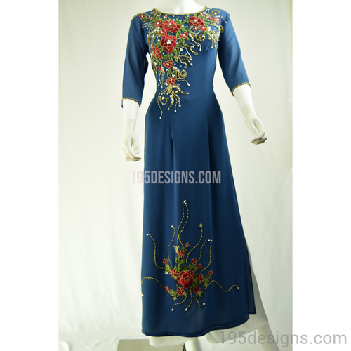 Dark Blue Ao Dai Red Flower Crystal - Ao Dai Xanh Kết Hoa Đá Pha Lê SIZE 8
