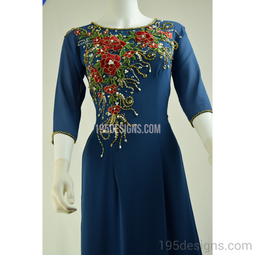 Dark Blue Ao Dai Red Flower Crystal - Ao Dai Xanh Kết Hoa Đá Pha Lê SIZE 8