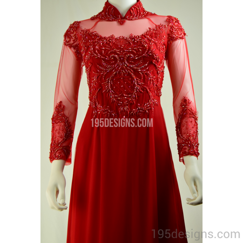 Red Ao Dai Red Crystal Wedding- Ao Dai Kết Đá Pha Lê Cô Dâu SIZE 4