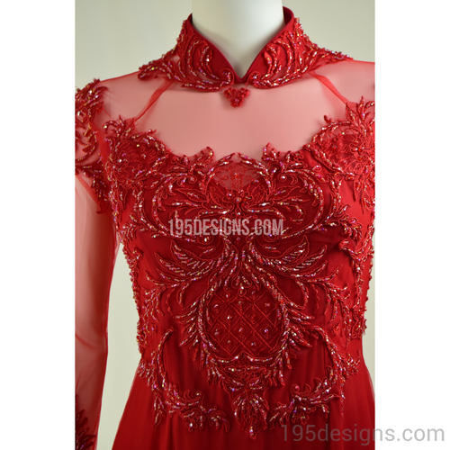 Red Ao Dai Red Crystal Wedding- Ao Dai Kết Đá Pha Lê Cô Dâu SIZE 4