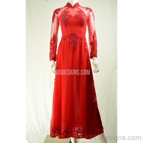 Red Ao Dai Red Crystal Wedding- Ao Dai Cưới Kết Đá Pha Lê SIZE 2