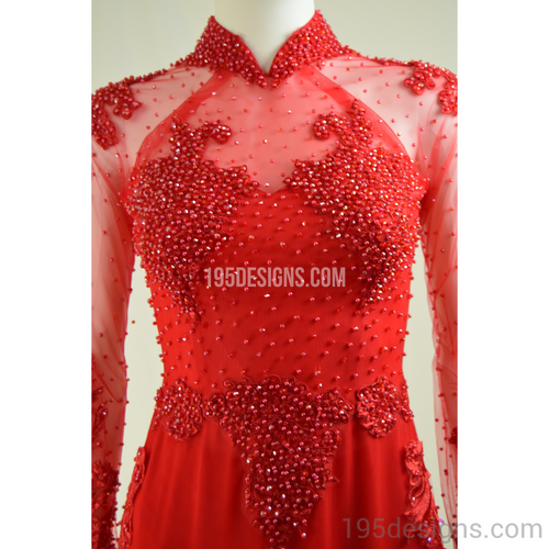 Red Ao Dai Red Crystal Wedding- Ao Dai Cưới Kết Đá Pha Lê SIZE 2