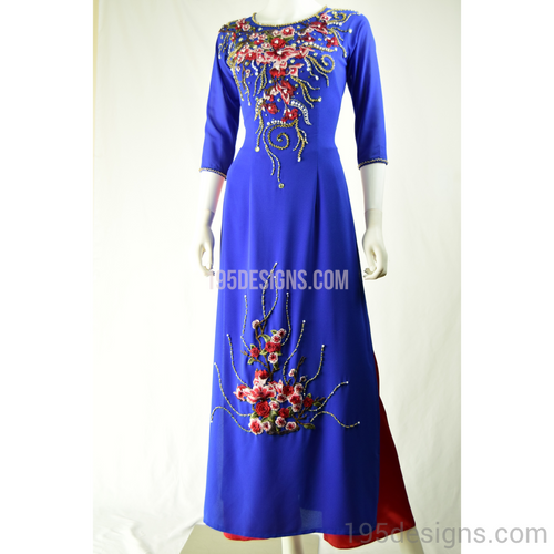 Blue Ao Dai Red Cherry Blossom Crystal - Ao Dai Xanh Kết Hoa Đào Đá Pha Lê SIZE 6
