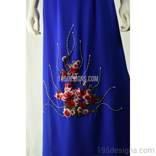 Blue Ao Dai Red Cherry Blossom Crystal - Ao Dai Xanh Kết Hoa Đào Đá Pha Lê SIZE 6
