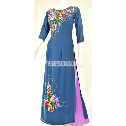 Blue Ao Dai Red Flower - Áo Dài Xanh Kết Hoa Đỏ Tim Đá Pha Lê