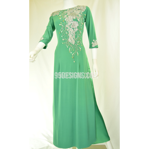 Áo Dài Xanh Ngọc Kết Hoa Bạc- Ao Dai Silver Flower