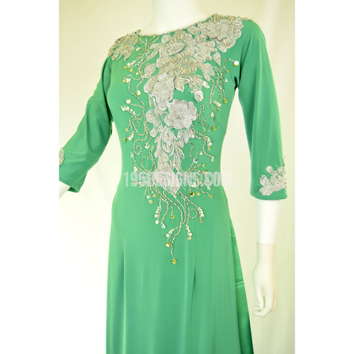 Áo Dài Xanh Ngọc Kết Hoa Bạc- Ao Dai Silver Flower