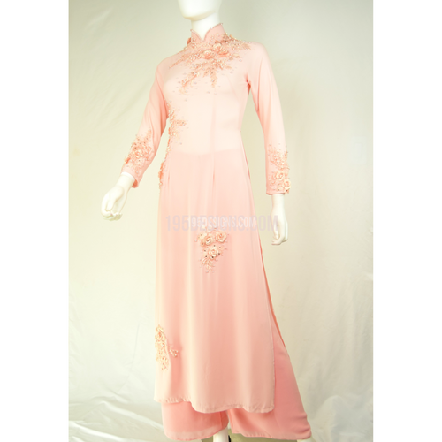 ÁO DÀI Hồng Phấn Kết Hoa Đá Pha Lê Vải cao cấp | Light Pink AO DAI Crystal