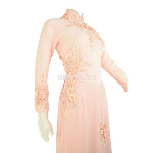 ÁO DÀI Hồng Phấn Kết Hoa Đá Pha Lê Vải cao cấp | Light Pink AO DAI Crystal