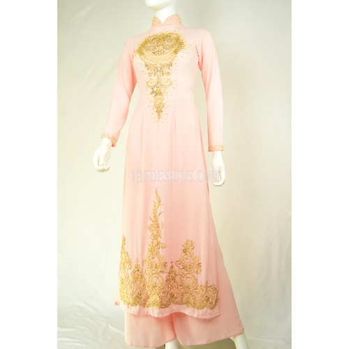 ÁO DÀI Hồng Phấn Vải Tơ Tầm Kết Cườm Vàng | Light Pink AO DAI Gold Pearl