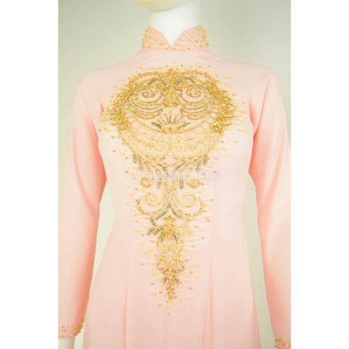 ÁO DÀI Hồng Phấn Vải Tơ Tầm Kết Cườm Vàng | Light Pink AO DAI Gold Pearl