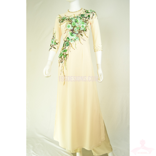 ÁO DÀI Kem Vàng Vải cao cấp may 2 lớp Kết Hoa Xanh Đá Pha Lê| Ivory AO DAI Green Flower Crystal