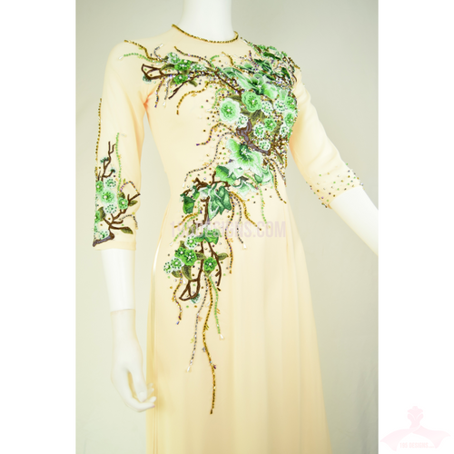 ÁO DÀI Kem Vàng Vải cao cấp may 2 lớp Kết Hoa Xanh Đá Pha Lê| Ivory AO DAI Green Flower Crystal