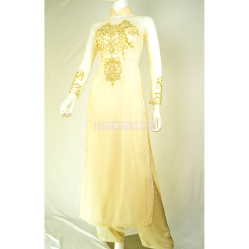 ÁO DÀI Kem Vàng Tơ Tầm cao cấp may 2 lớp Tay Von Kết Đá Pha Lê| Ivory AO DAI Crystal