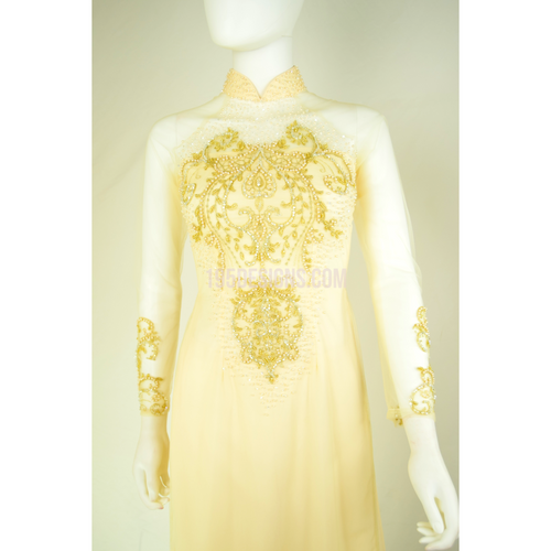 ÁO DÀI Kem Vàng Tơ Tầm cao cấp may 2 lớp Tay Von Kết Đá Pha Lê| Ivory AO DAI Crystal