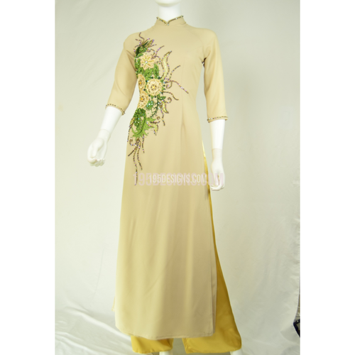ÁO DÀI Nâu VÀNG VẢI Tơ Cát CAO CẤP MAY 2 LỚP KẾT HOA XANH ĐÁ PHA LÊ| IVORY AO DAI GREEN FLOWER CRYSTAL
